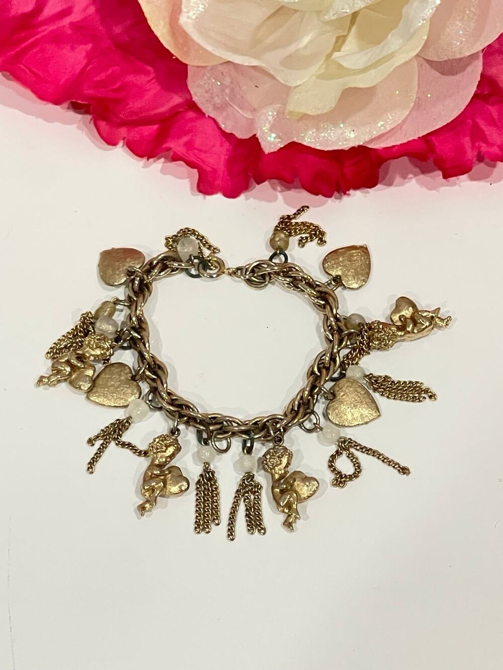 Lovely Golden Ladies Bracelet With Hearts Angels Vintage